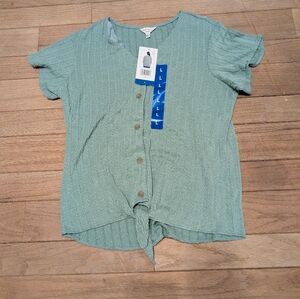 Nwt Women's Weatherproof Vintage Green Short Sleeve Tie Front Blouse Size Large